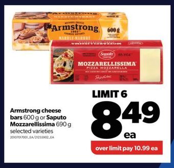 Real Canadian Superstore Armstrong cheese bars, 600 g or saputo mozzarellissima, 690 g offer