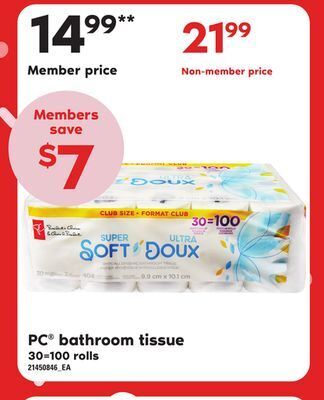Loblaws Pc bathroom tissue, 30=100 rolls offer