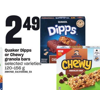 Loblaws Quaker dipps or chewy granola bars, 120-156 g offer