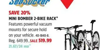 Canadian Tire Seasucker mini bomber 2 bike rack* features powerful vacuum mounts for secure hold on your vehicle offer