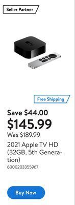 Walmart 2021 apple tv hd (32gb, 5th generation) offer