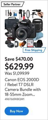 Walmart Canon eos 2000d / rebel t7 dslr camera bundle with 18-55mm zoom lens & accessories offer