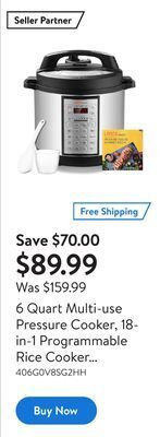 Walmart 6 quart multi-use pressure cooker, 18-in-1 programmable rice cooker stainless inner container offer
