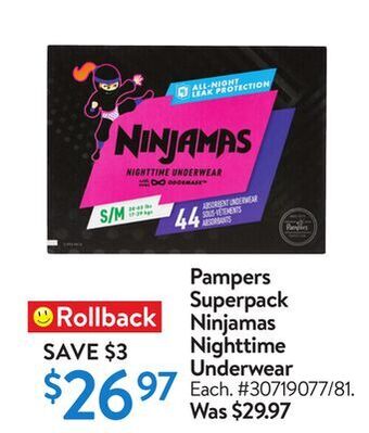 Walmart Pampers superpack ninjamas nighttime underwear offer