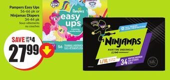 Chalo FreshCo Pampers easy ups 56-66 pk or ninjamas diapers 34-44 pk offer