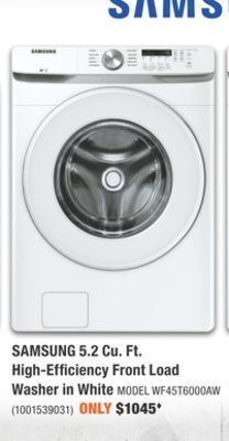 Home Depot Samsung 5.2 cu. ft. high-efficiency front load washer in white offer