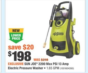 Home Depot Sun joe® 2200 max psi 13 amp electric pressure washer offer