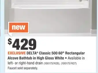 Home Depot Delta® classic 500 60 rectangular alcove bathtub in high gloss white offer