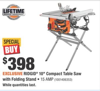 Home Depot Ridgid® 10 compact table saw with folding stand offer