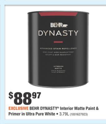 Home Depot Behr dynasty® interior matte paint & primer in ultra pure white offer