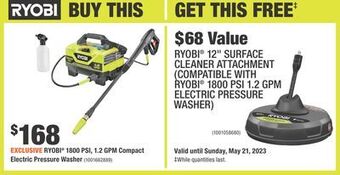 Home Depot Ryobi® 1800 psi, 1.2 gpm compact electric pressure washer offer