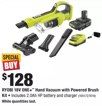 Home Depot Ryobi 18v one+ hand vacuum with powered brush kit offer