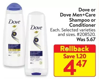 Walmart Dove or dove men+care shampoo or conditioner offer
