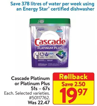 Walmart Cascade platinum plus actionpacs dishwasher detergent pods, fresh offer