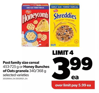 Real Canadian Superstore Post family size cereal or honey bunches of oats granola offer