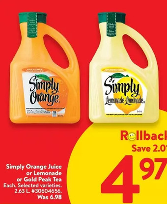 Walmart Simply orange juice or lemonade or gold peak tea offer
