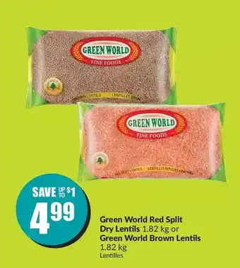 FreshCo Green world red split dry lentils or green world brown lentils offer