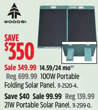 Canadian Tire Woods 100w portable folding solar panel | 21w portable solar panel offer