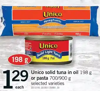 Fortinos Unico solid tuna in oil or pasta offer
