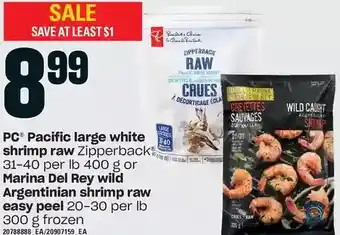 Loblaws Pc pacific large white shrimp raw or marina del rey wild argentinian shrimp raw easy peel offer