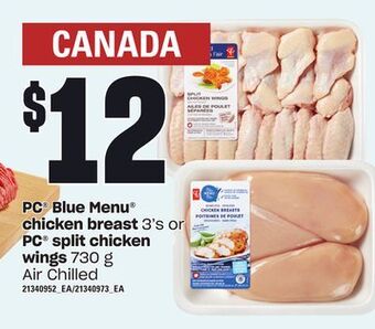 Zehrs Markets Pc® blue menu chicken breast 3's or pc® split chicken wings 730 g offer