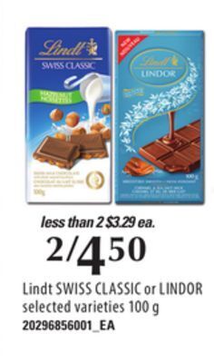 Zehrs Markets Lindt swiss classic or lindor, 100 g offer
