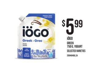 Zehrs Markets Iögo greek 750 g, yogurt offer