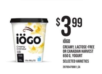 Zehrs Markets Iögo creamy, lactose-free or canadian harvest 650 g, yogurt offer