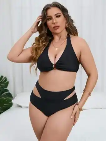 SheIn Plus ring linked cut out halter high waist bikini swimsuit offer