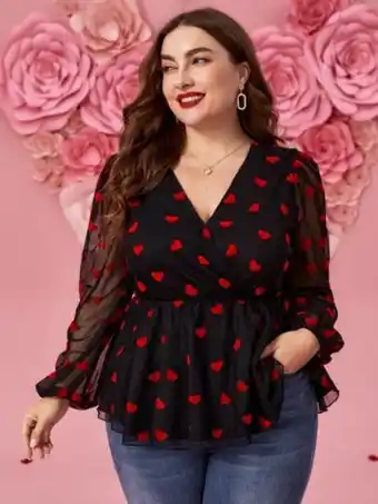 SheIn Emery rose plus heart print mesh overlay lantern sleeve peplum blouse offer