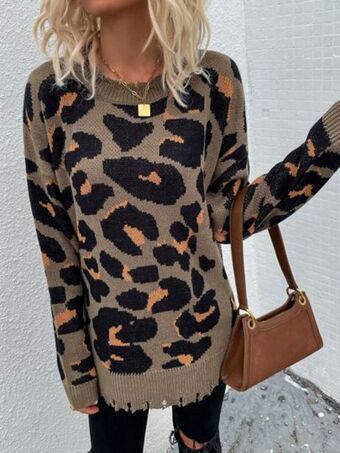 SheIn Leopard pattern drop shoulder asymmetrical hem sweater offer