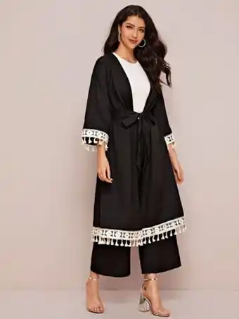SheIn Shein mulvari embroidered tape and tassel trim abaya and palazzo pants set offer