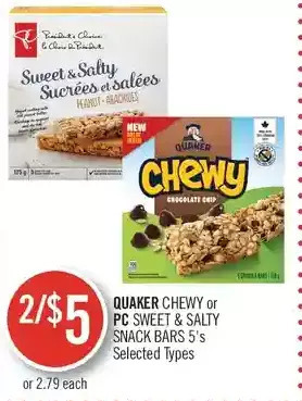 Shoppers Drug Mart Quaker chewy or pc sweet & salty snack bars offer