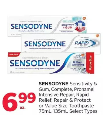 Rexall Sensodyne sensitivity & gum, complete, pronamel intensive repair, rapid relief, repair & protect or value size toothpaste offer