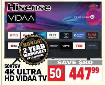 2001 Audio Video Hisense 50 4k ultra hd vidaa tv offer