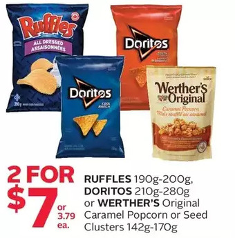 Rexall Ruffles, doritos or werther's original caramel popcorn or seed clusters offer