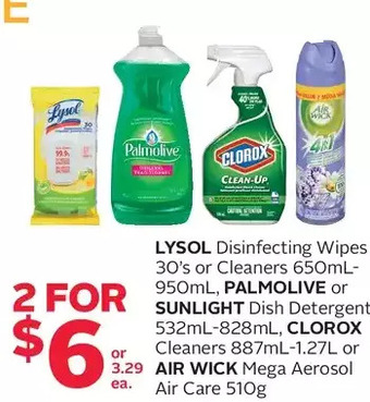 Rexall Lysol disinfecting wipes or cleaners, palmolive or sunlight dish detergent, clorox cleaners or air wick mega aerosol air care offer