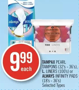 Shoppers Drug Mart Tampax pearl tampons, l. liners or always infinity pads offer