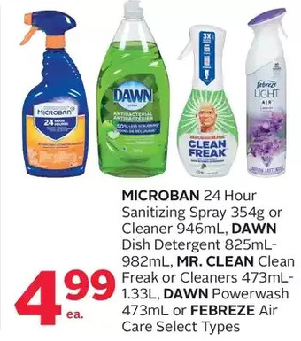 Rexall Microban 24 hour sanitizing spray or cleaner, dawn dish detergent, mr. clean clean freak or cleaners, dawn powerwash or febre offer