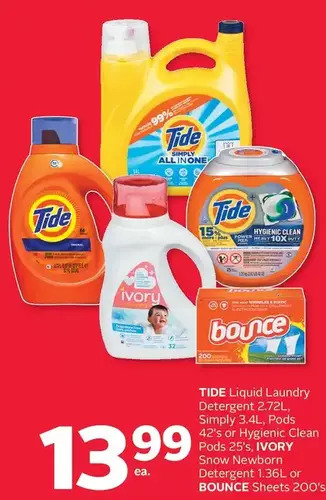 Rexall Tide liquid laundry detergent, simply, pods or hygienic clean pods, ivory snow newborn detergent or bounce sheets offer