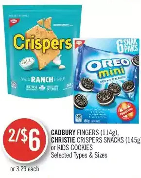 Shoppers Drug Mart Cadbury fingers, christie crispers snacks or kids cookies offer