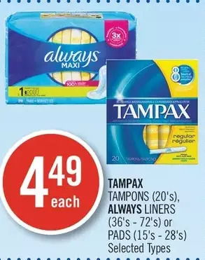 Shoppers Drug Mart Tampax tampons, always liners or pads offer