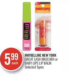 Shoppers Drug Mart Maybelline new york great lash mascara or baby lips lip balm offer