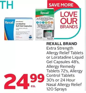 Rexall Rexall brand extra strength allergy relief tablets or loratadine liquid gel capsules, allergy remedy tablets, allergy control offer