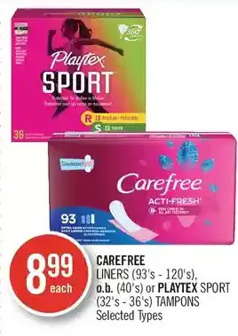 Shoppers Drug Mart Carefree liners, o.b. or playtex sport tampons offer