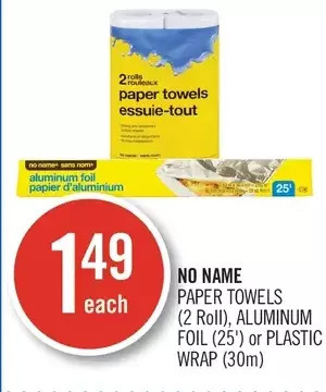 Shoppers Drug Mart No name paper towels, aluminum foil or plastic wrap offer