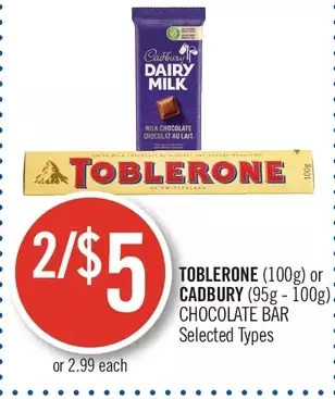 Shoppers Drug Mart Toblerone or cadbury chocolate bar offer