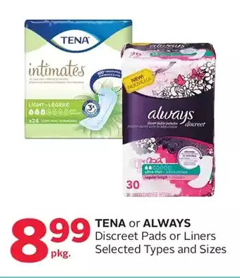 Rexall Tena or always discreet pads or liners offer