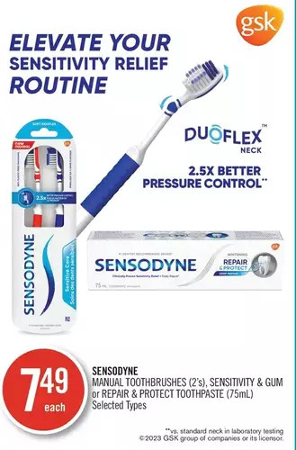 Shoppers Drug Mart Sensodyne manual toothbrushes, sensitivity & gum or repair & protect toothpaste offer