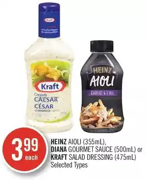 Shoppers Drug Mart Heinz aioli, diana gourmet sauce or kraft salad dressing offer